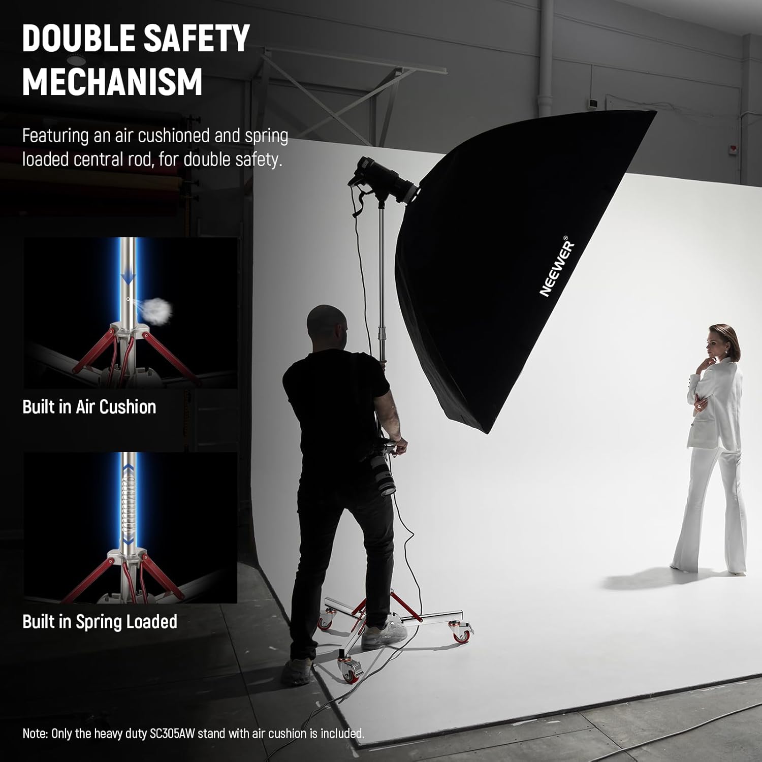 NEEWER 10ft Heavy Duty Air Cushioned Light Stand with Casters, Adjustable Tripod Stand, Stainless Steel Photography Wheeled Stand for Studio Flash Softbox Monolight Reflector, SC305AW
