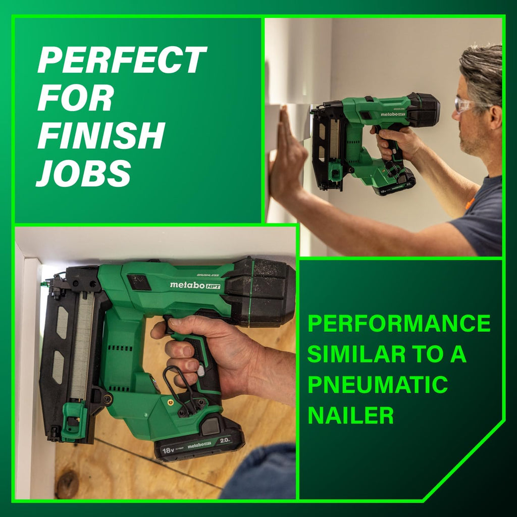 Metabo HPT 18V MultiVolt Brushless Pro 16-GA Straight Finish Nailer Kit, 16 Gauge Finish Nailer, Power Tool with 2.0Ah Lithium Ion Battery, 1' to 2-1/2' Nails, Powerful Brushless Motor, NT1865DSA
