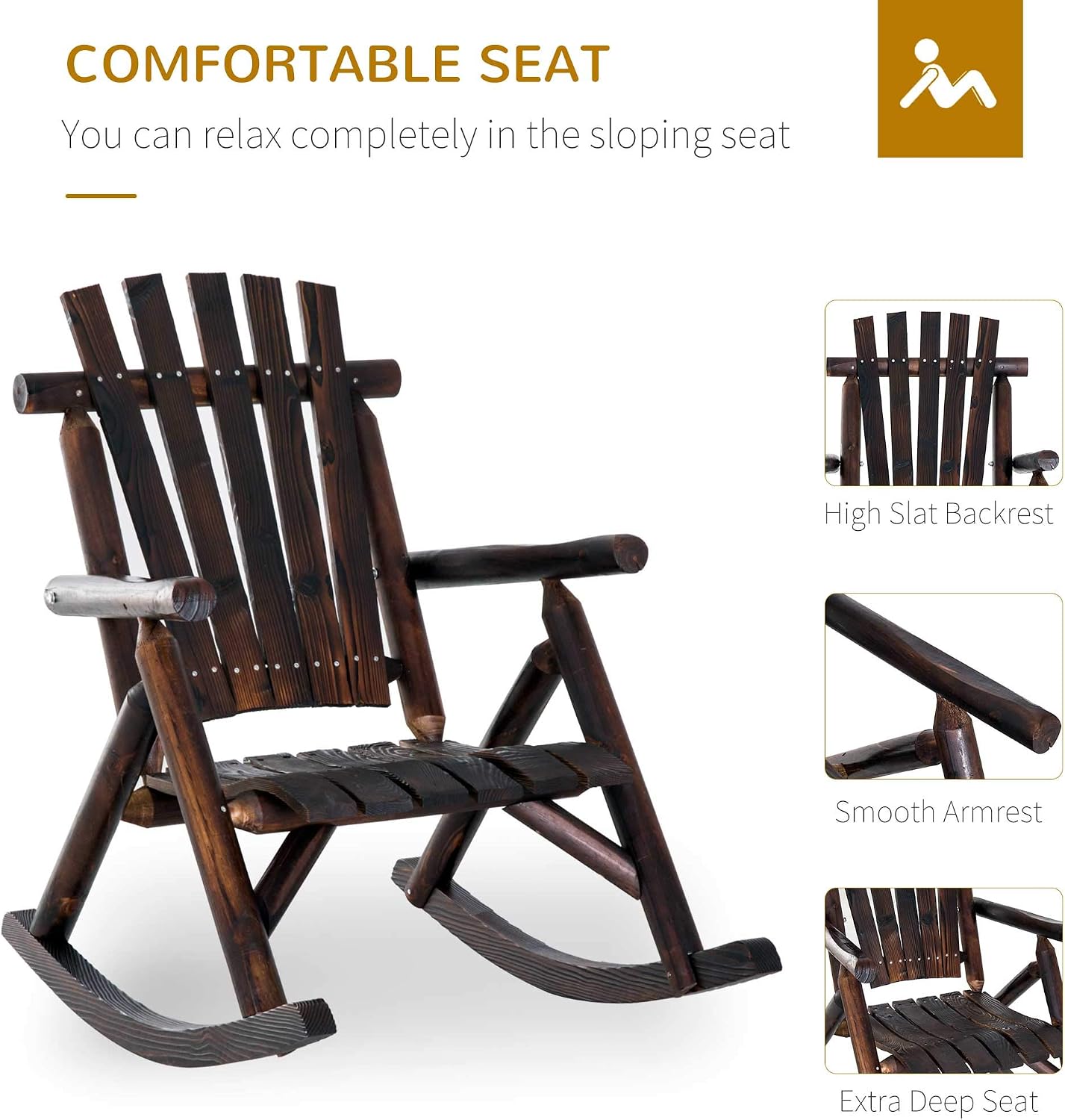 Outsunny Outdoor Wooden Rocking Chair, Single-Person Rustic Adirondack Rocker with Slatted Seat, High Backrest, Armrests for Patio, Garden and Porch, Brown