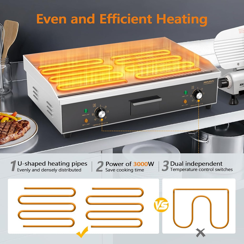 ROVSUN 30' Electric Griddle, Electric Countertop with Half Flat Top Griddle, 3000W Grill Stainless Steel with Adjustable Temperature Control 122°F-572°F for Commercial Home Restaurant, Plug