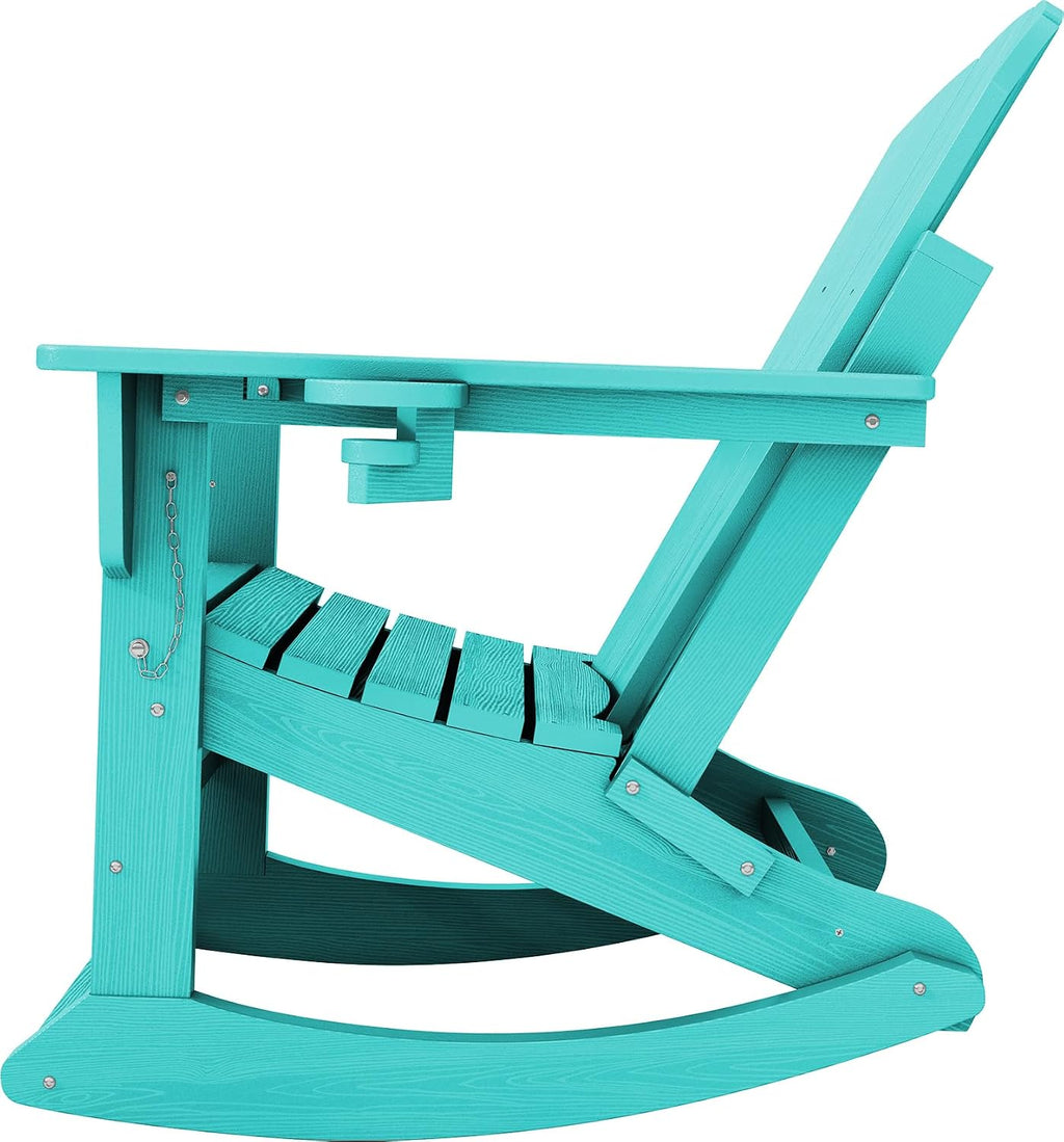KINGYES Adirondack Rocking Chair Set of 2 with Retractable Ottoman and Cup Holders, HDPE Adirondack Rocker Patio Rocking Chair for Porch, Patio, Balcony, Aqua Blue