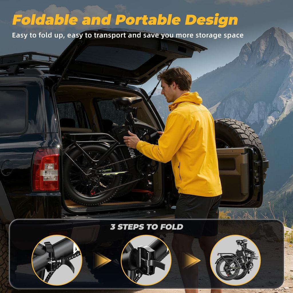 Foldable Electric Bike for Adults, 48V 20Ah Removable Lithium Battery up to 80Miles, 20' Fat Tire 1000W Peak Motor Dirt Ebike Adult Electric Bicycle for Commute Beach Mountain E Bike