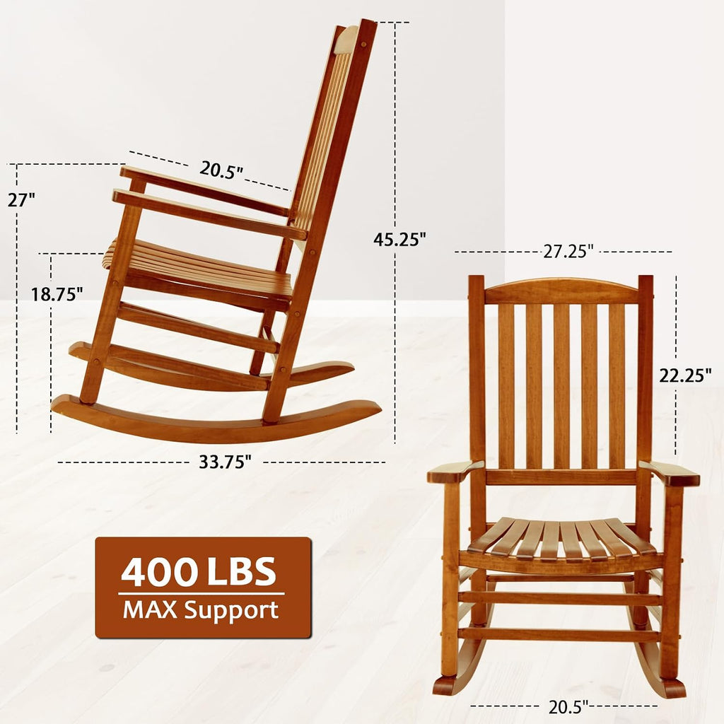 Hupmad Wooden Oversized Porch Rocker Chair with High Back and Armrest, All Weather Slatted Rocker for Backyard, Garden, 400 lbs Support, Natural