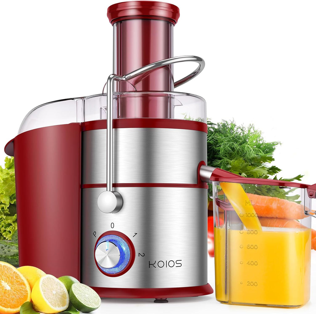 KOIOS 1300W Centrifugal Juicer Machine, Juice Extractor with Extra Large 3 Inch Feed Chute, Full Copper Motor, Titanium-Plated Filter, High Juice Yield, 3 Speeds Mode, Brush Included, Non-BPA, Red