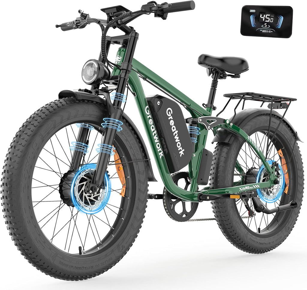 GREATWORK 52V 5000W Peak Dual Motor Electric Bike for Adults, 1300Wh Battery, Up to 45MPH & 100 Miles Range, 26' x 4.0 Fat Tire Electric Dirt Bike with Suspension, Mountain E-Bike for Men Women