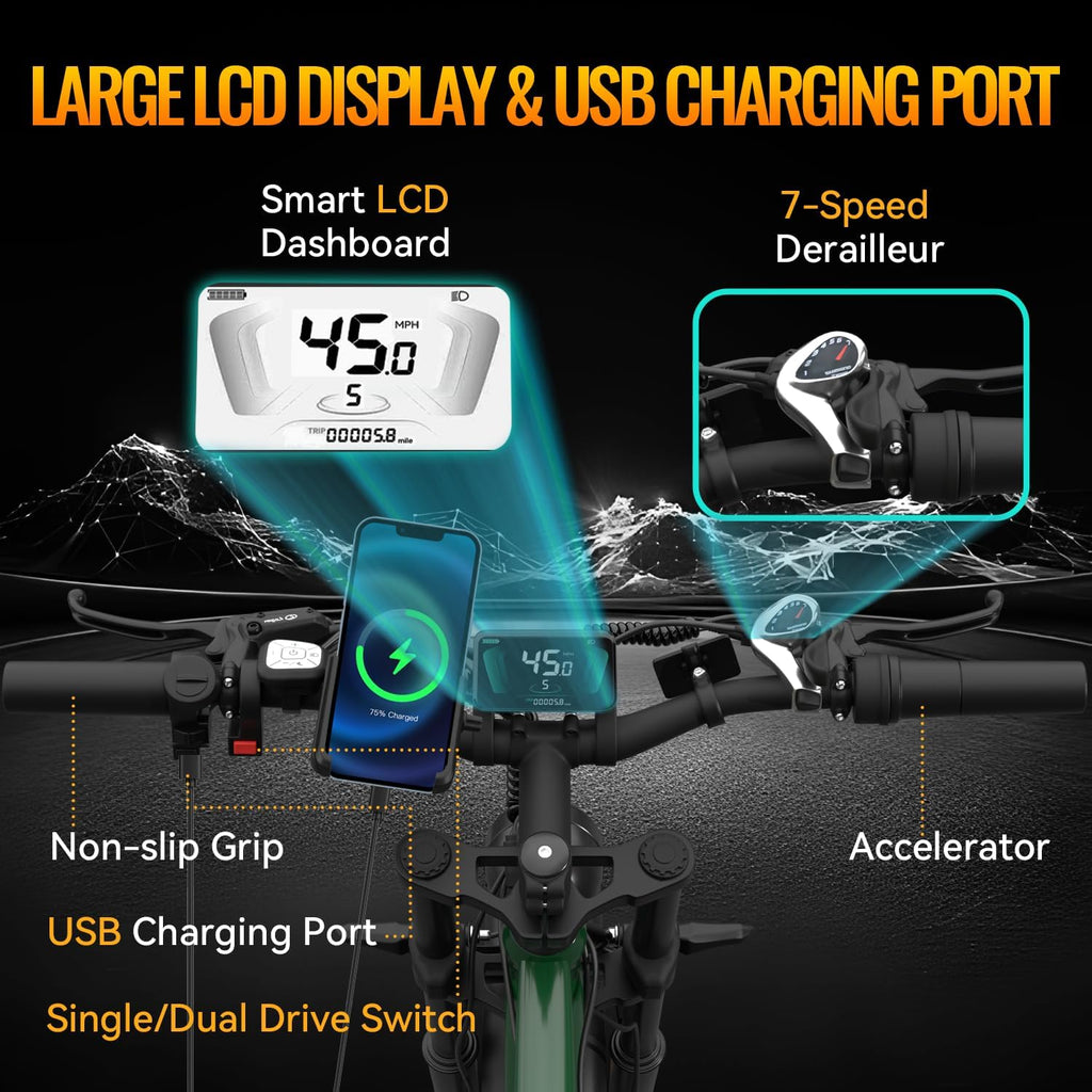 GREATWORK 52V 5000W Peak Dual Motor Electric Bike for Adults, 1300Wh Battery, Up to 45MPH & 100 Miles Range, 26' x 4.0 Fat Tire Electric Dirt Bike with Suspension, Mountain E-Bike for Men Women