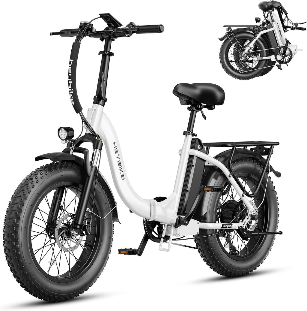 Heybike Ranger 2.0 Foldable Electric Bike for Adults, 20'*4 Fat Tire Ebike with 1400W Peak Motor, 28 MPH Max Speed, 600Wh Removable Battery, Up to 65 Miles Range, Front Suspension Step-Thru E Bike