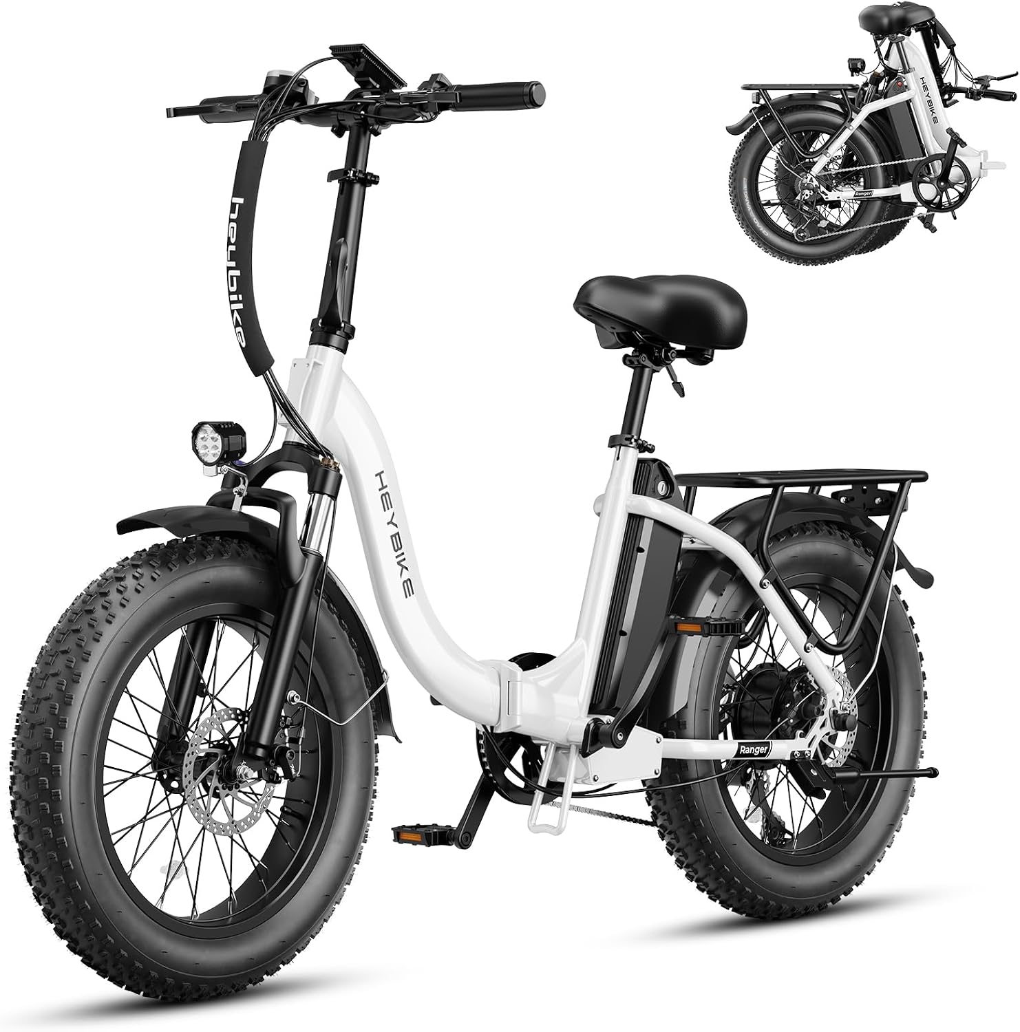 Heybike Ranger 2.0 Foldable Electric Bike for Adults, 20'*4 Fat Tire Ebike with 1400W Peak Motor, 28 MPH Max Speed, 600Wh Removable Battery, Up to 65 Miles Range, Front Suspension Step-Thru E Bike