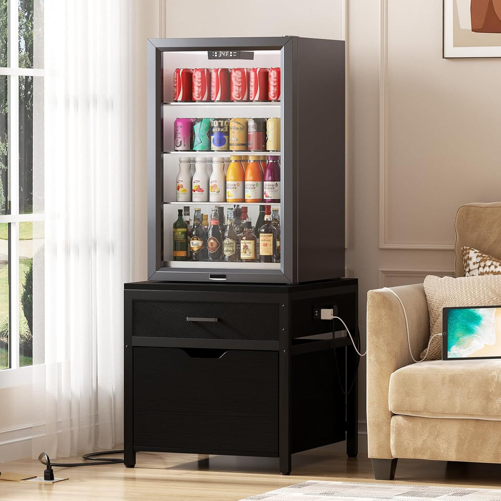 Unikito Mini Fridge Stand with Drawer Storage and Power Outlet, Heavy Duty Mobile Mini Fridge Shelf with Lockable Wheels, Beverage Refrigerator Table Stand, 22.8' L x 21.6' W, Max Load 300 LBS, Black