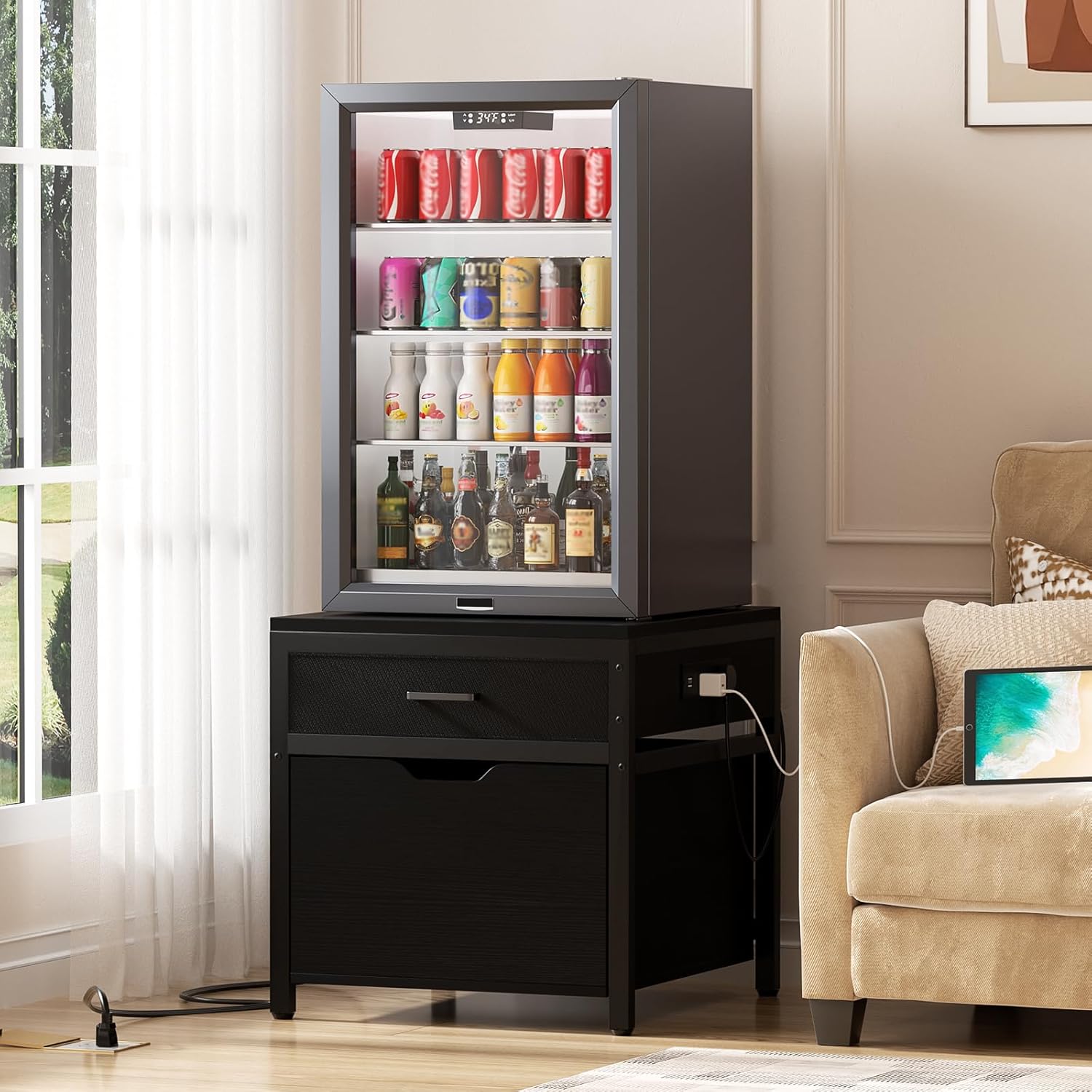 Unikito Mini Fridge Stand with Drawer Storage and Power Outlet, Heavy Duty Mobile Mini Fridge Shelf with Lockable Wheels, Beverage Refrigerator Table Stand, 22.8' L x 21.6' W, Max Load 300 LBS, Black