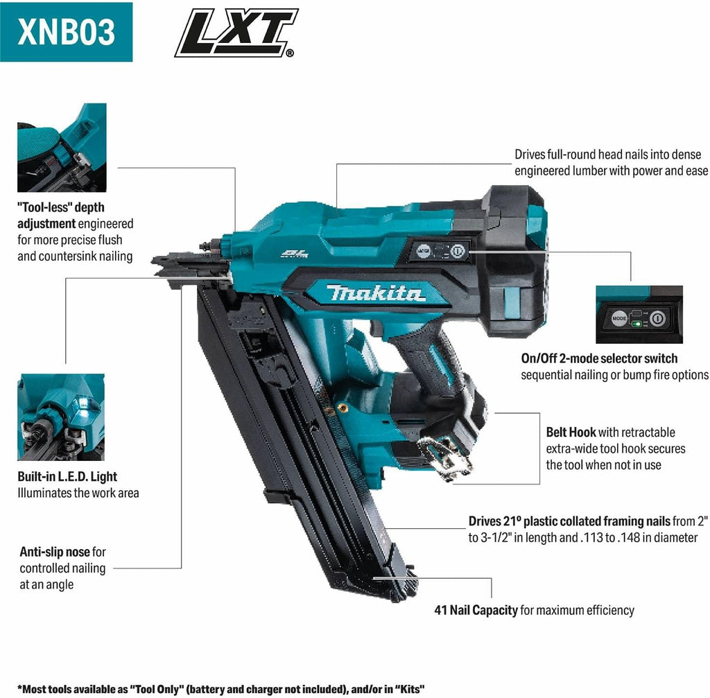 Makita XNB03Z 18V LXT® Lithium-Ion Cordless 21º Full Round Head 3-1/2' Framing Nailer, Tool Only