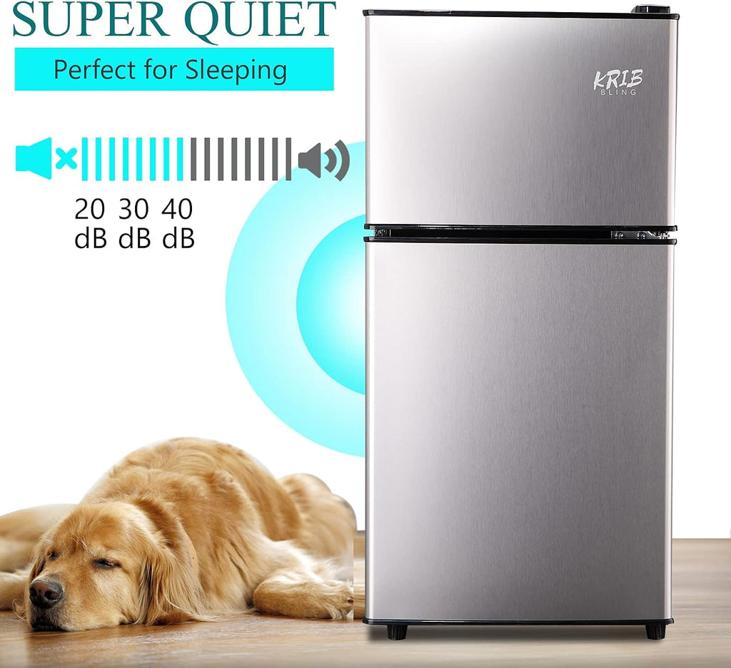 KRIB BLING 3.5 Cu.Ft Refrigerator with Freezer, 2 Doors Fridge with Adjustable Thermostat Control, Refrigerator for Kitchen, Dorm, Apartment, Garage, Office, Silver