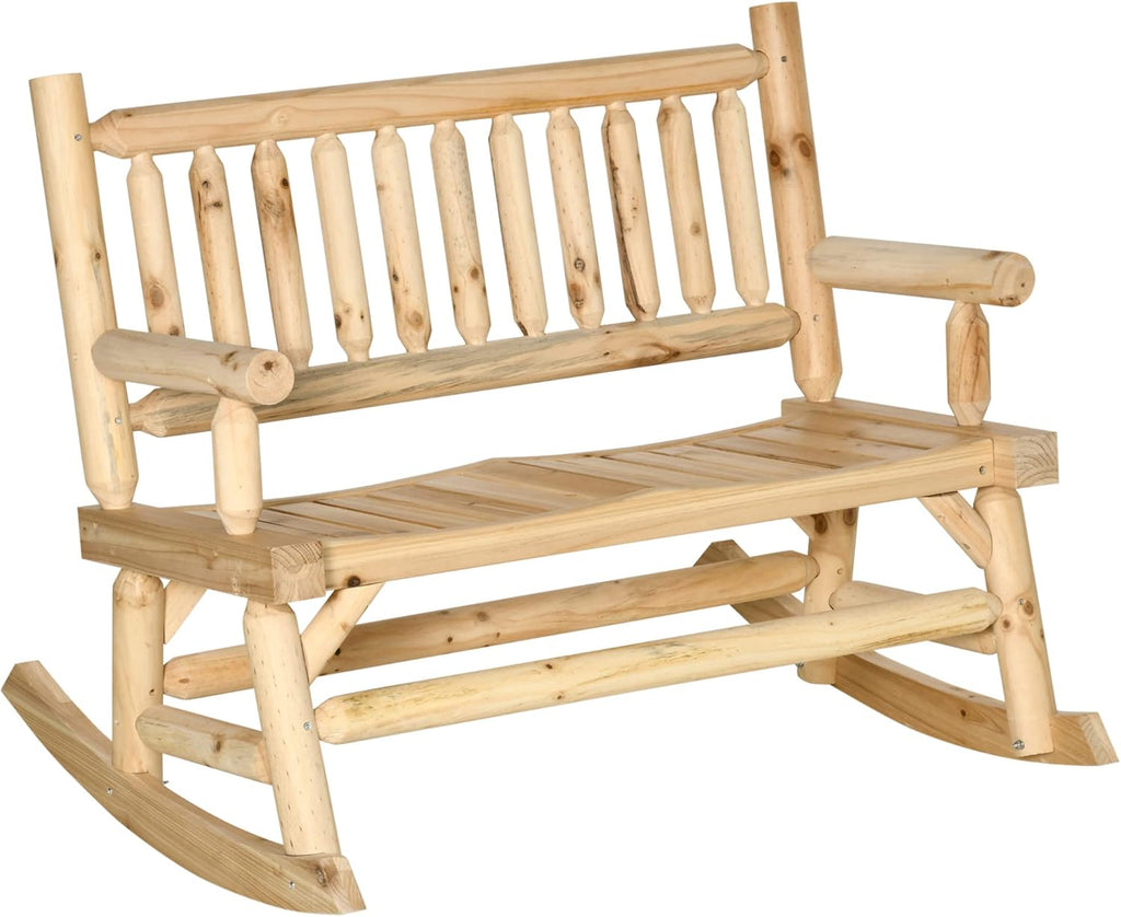 Outsunny 2-Person Wood Rocking Chair with Log Design, Heavy Duty Loveseat with Wide Curved Seats for Patio, Backyard, Garden, Natural