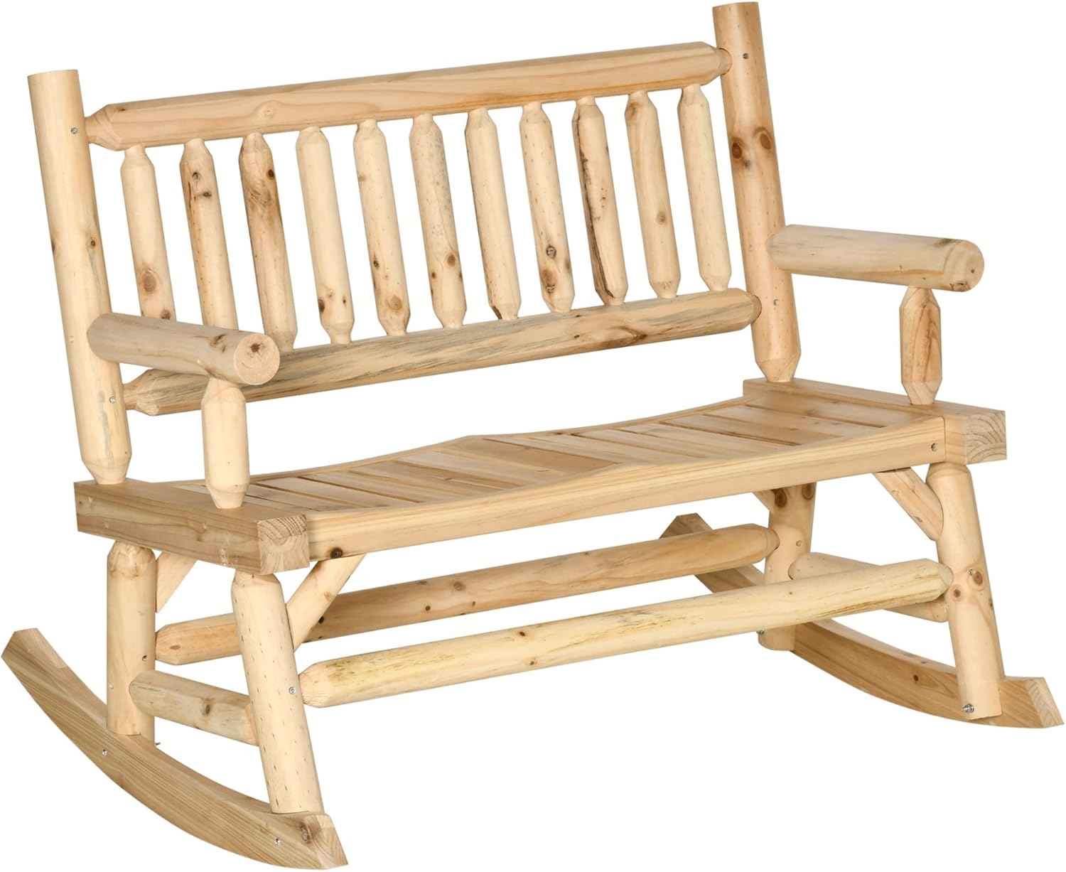 Outsunny 2-Person Wood Rocking Chair with Log Design, Heavy Duty Loveseat with Wide Curved Seats for Patio, Backyard, Garden, Natural