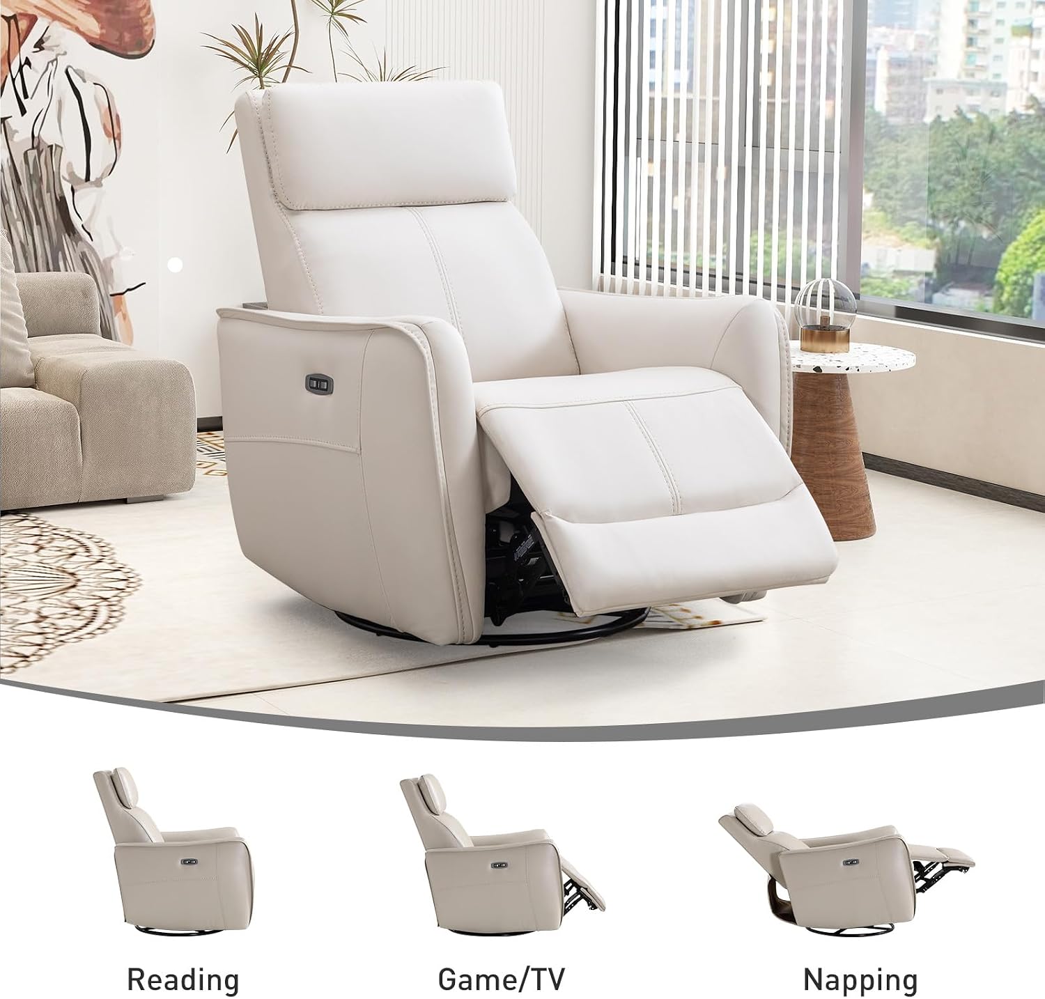 Bonzy Home Power Swivel Rocker Recliner Chair with USB Port, Wide Seat, Head & Lumbar Support, Upholstered Glider Chair for Living Room, Nursery, Bedroom, Cream White