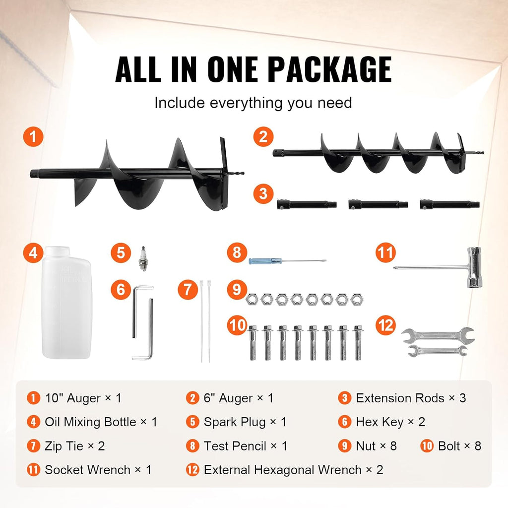 VEVOR Post Hole Digger,52cc 1450W Auger Digger,Gas Powered Earth Digger with Two Drill Bit 6''& 10''and 3 Extension Rods,for Farmland,Garden and Plant,EPA Certification,Black+Orange+White