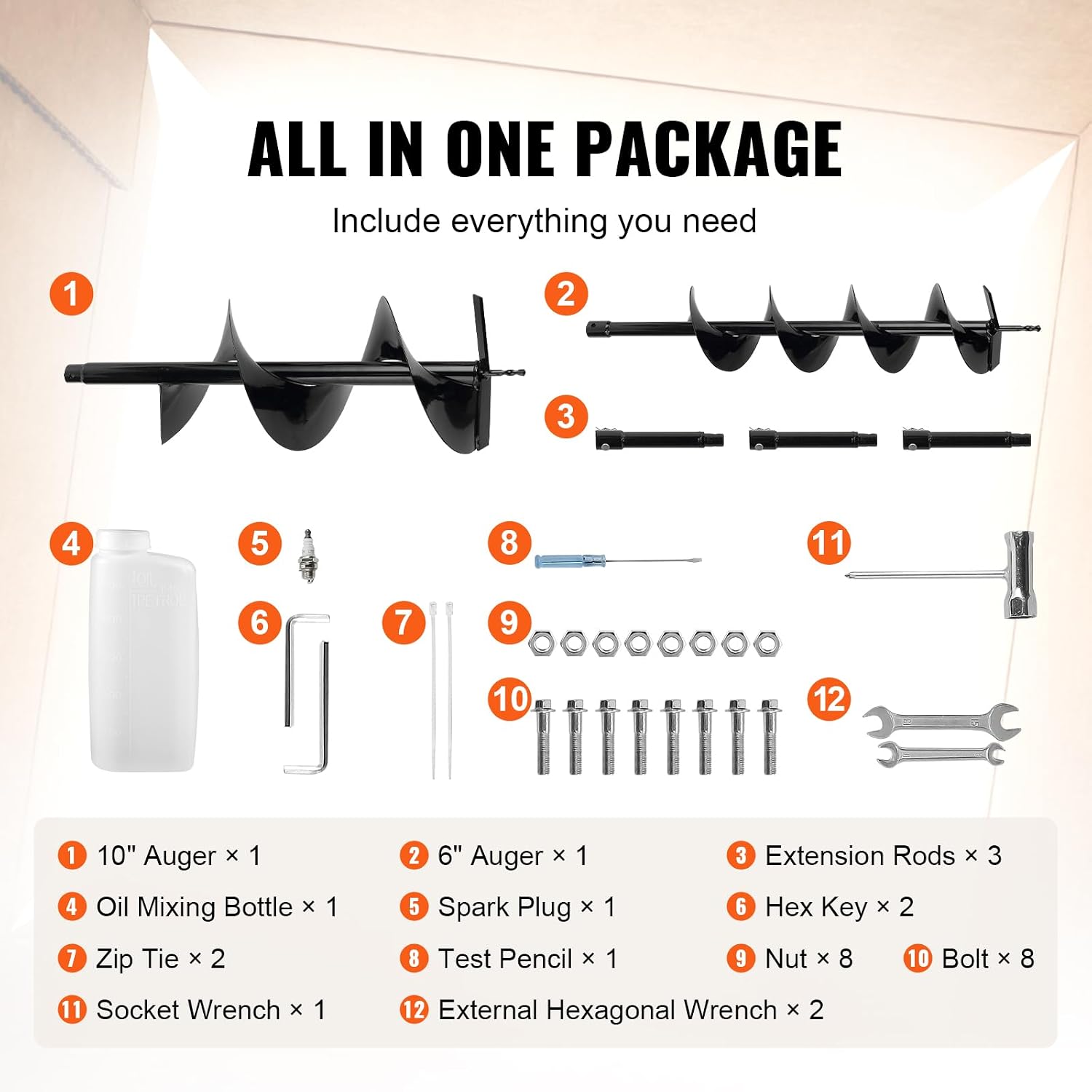 VEVOR Post Hole Digger,52cc 1450W Auger Digger,Gas Powered Earth Digger with Two Drill Bit 6''& 10''and 3 Extension Rods,for Farmland,Garden and Plant,EPA Certification,Black+Orange+White