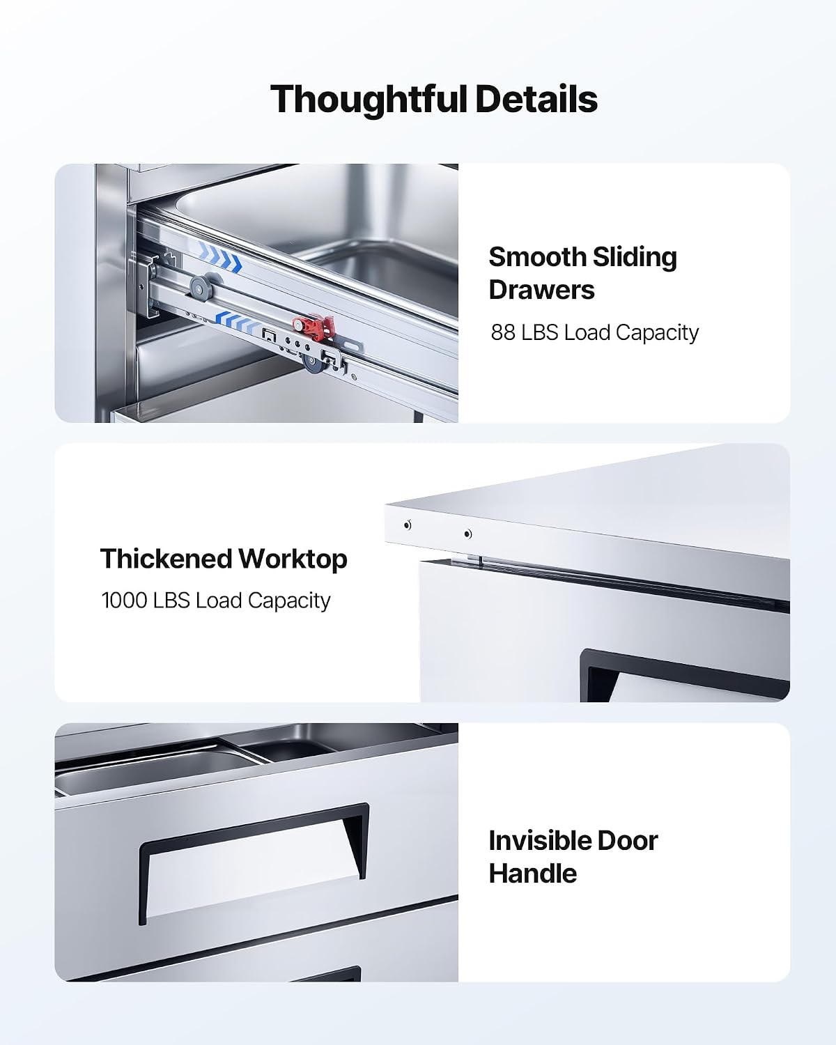 VEVOR Chef Base Refrigerator, 52' W Commercial Chef Bases Worktop Refrigerators, 2-Drawer Under Counter Fridge with 8 Pans Stainless Steel, Heavy-Duty Refrigerated Base, Invisible Door Handle