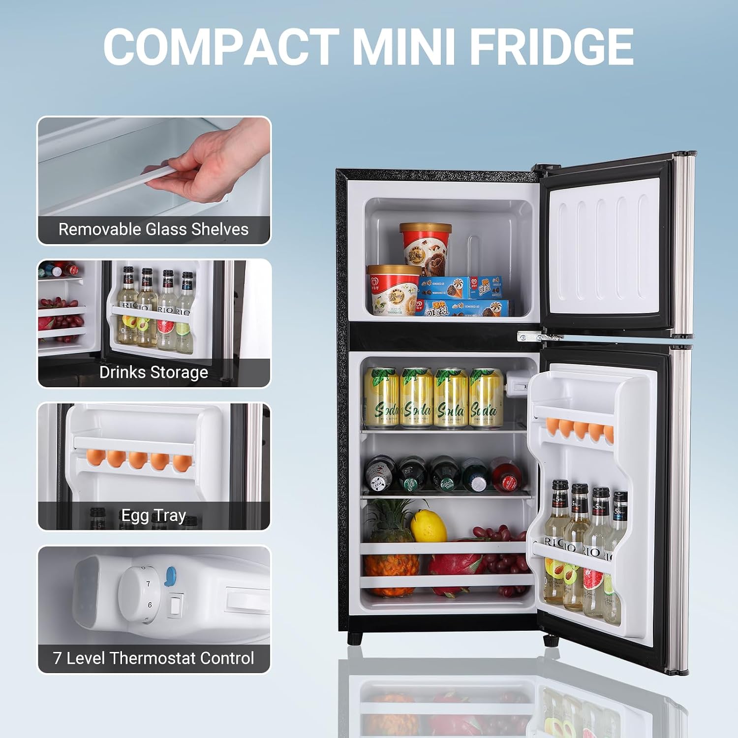 Dorm Fridge with Freezer, Small Refrigerator 3.5 Cu. Ft. with Freezer for Apartment, Temperature Adjustable Apartment Size Fridge for Kichen, College, RV, Office, Silver
