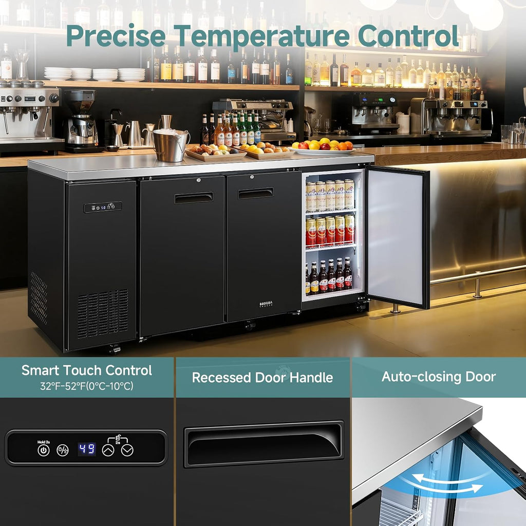 BODEGACOOLER Commercial Bar Cooler with 3 Solid Doors, 20.5 Cu.Ft Back Bar Refrigerator, Beverage Refrigerator for Beer Soda Wine,LED Light, Stainless Steel Top,6 Casters, for Kitchen Buffet Table