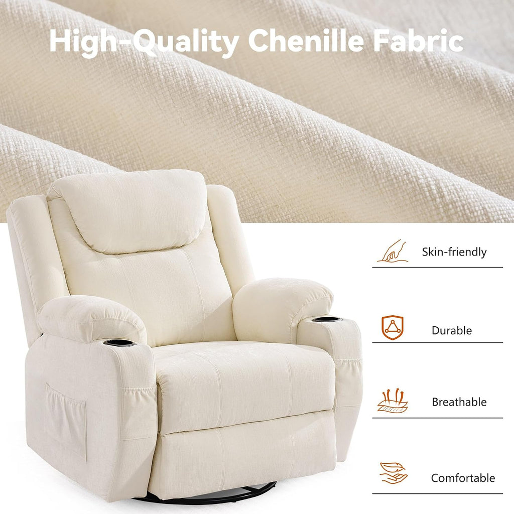 Korser Oversized Recliner Chair, 360° Swivel Recliner for Adults, Swivel Rocker Recliner Chair with Heat and Massage, Manual Recliner with Remote Control and Cup Holders for Living Room, Chenille