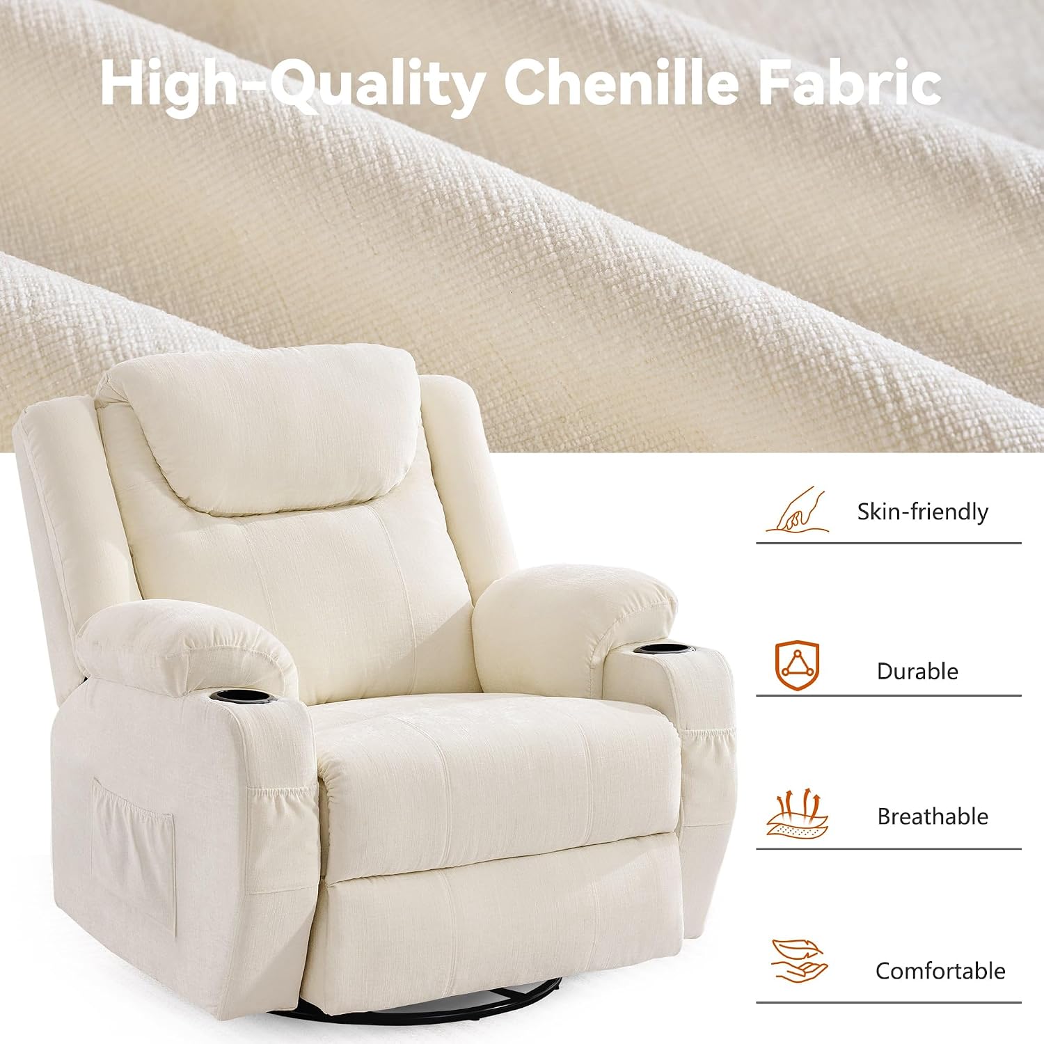 Korser Oversized Recliner Chair, 360° Swivel Recliner for Adults, Swivel Rocker Recliner Chair with Heat and Massage, Manual Recliner with Remote Control and Cup Holders for Living Room, Chenille