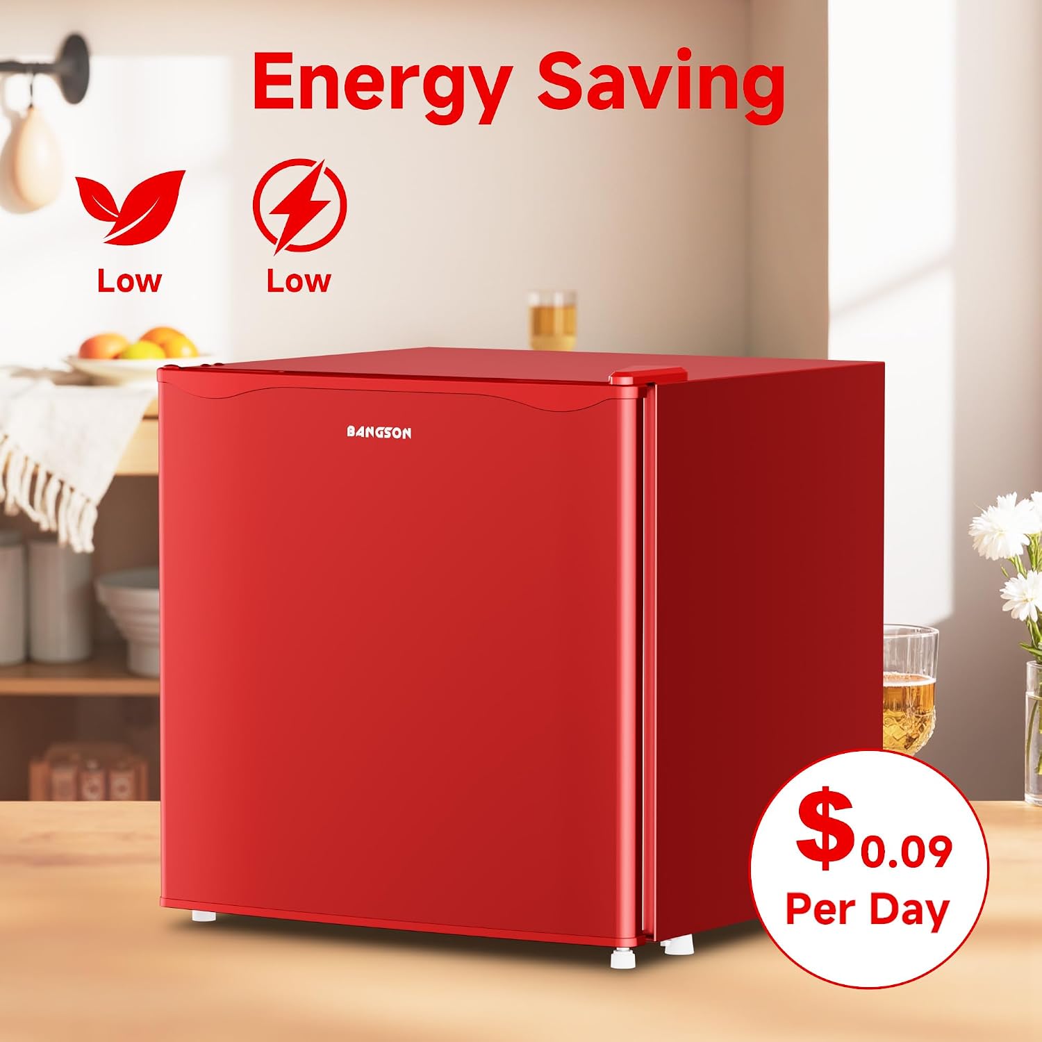 BANGSON 1.7 Cu.Ft Mini Fridge with Freezer for Dorm, Compact Refrigerator Office, Energy Saving Small Fridge Reversible Single Door, Low Noise for Bedroom Small Apartment, Red