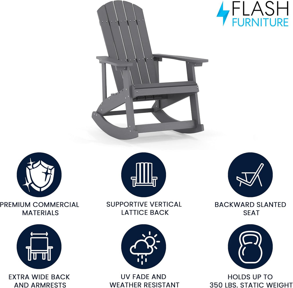 Flash Furniture Savannah Poly Resin Wood Adirondack Rocking Chair - All Weather Gray Polystyrene - Stainless Steel Hardware