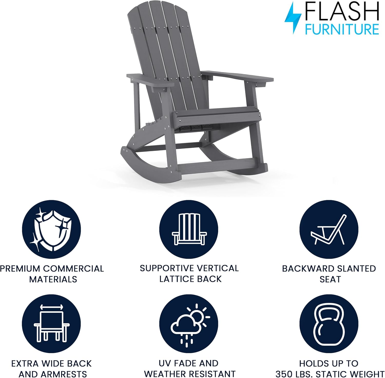 Flash Furniture Savannah Poly Resin Wood Adirondack Rocking Chair - All Weather Gray Polystyrene - Stainless Steel Hardware