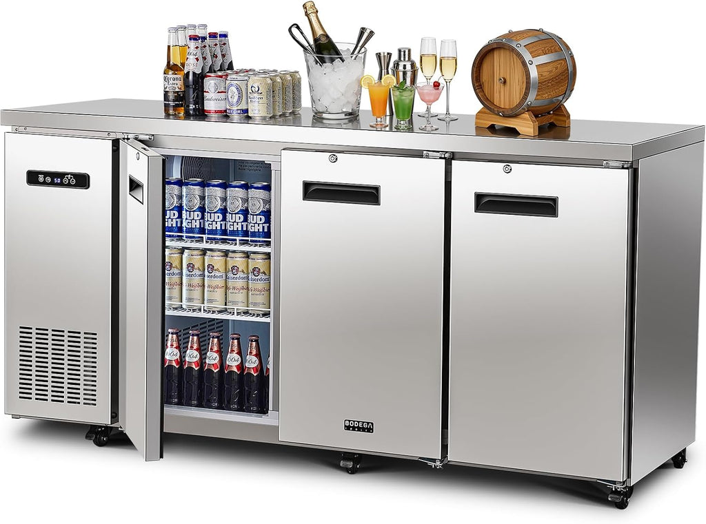 BODEGA BODEGACOOLER Commercial Bar Cooler with 3 Solid Doors, 20.5 Cu.Ft Back Bar Beverage Refrigerator for Beer Soda Wine,LED Light, Stainless Steel Top,6 Casters for Kitchen Buffet Table Use