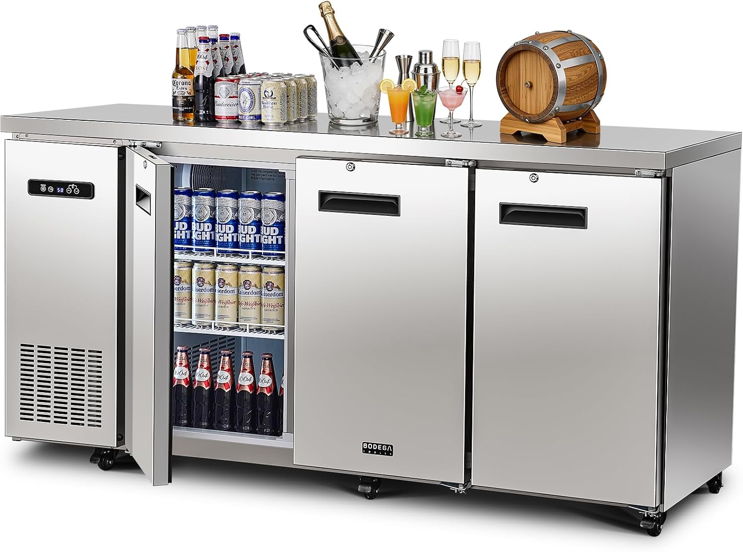 BODEGA BODEGACOOLER Commercial Bar Cooler with 3 Solid Doors, 20.5 Cu.Ft Back Bar Beverage Refrigerator for Beer Soda Wine,LED Light, Stainless Steel Top,6 Casters for Kitchen Buffet Table Use