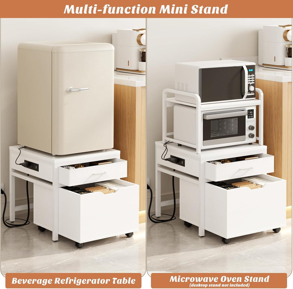 Unikito Mini Fridge Stand with Drawer Storage and Sockets, Heavy Duty Small Refrigerator Stand Cart for Dorm, Apartment, Office, Bedroom, Mini Fridge and Microwave Stand, Hold 300LBS, White