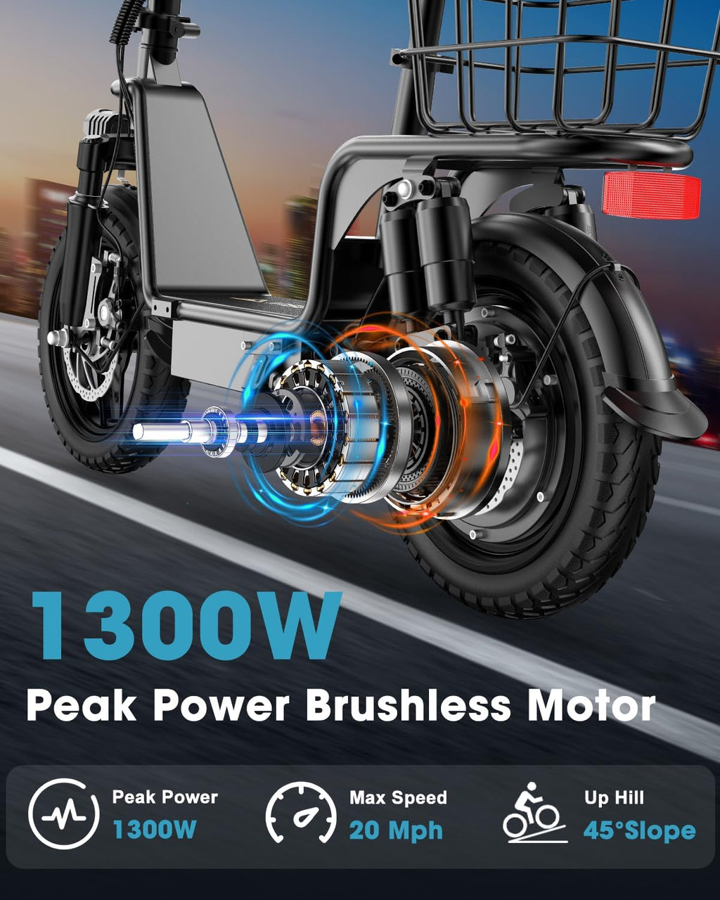 INSDRGN Electric Scooter with Seat for Adults, Peak 1300W Motor, 28-35 Miles Range eScooter, 48V 13Ah Li Battery, 20MPH Foldable Commuter E-Scooter with Basket, Max 330LBS, UL2272 Certified, C14 PRO