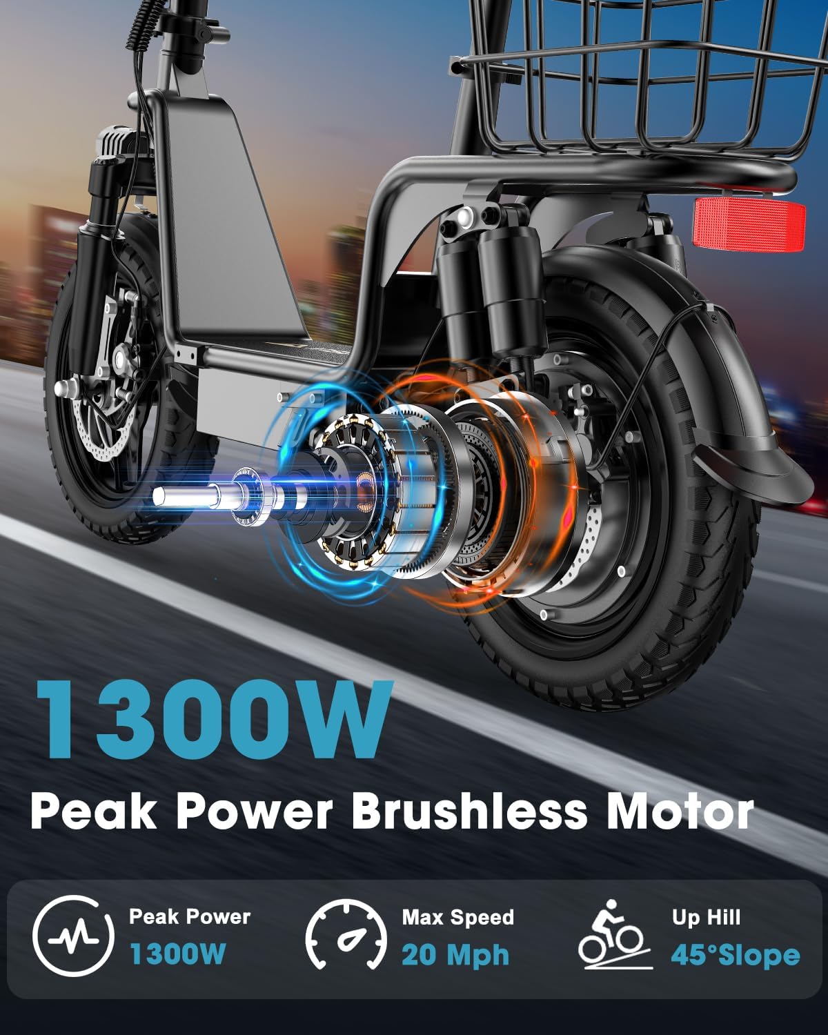 INSDRGN Electric Scooter with Seat for Adults, Peak 1300W Motor, 28-35 Miles Range eScooter, 48V 13Ah Li Battery, 20MPH Foldable Commuter E-Scooter with Basket, Max 330LBS, UL2272 Certified, C14 PRO