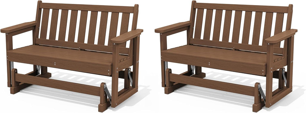 SERWALL Outdoor Glider Bench Set of 2, HDPE Weather-Resistant Swinging Bench for Backyard Garden Porch, Brown