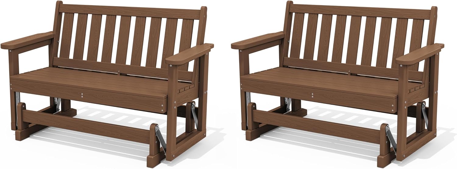 SERWALL Outdoor Glider Bench Set of 2, HDPE Weather-Resistant Swinging Bench for Backyard Garden Porch, Brown