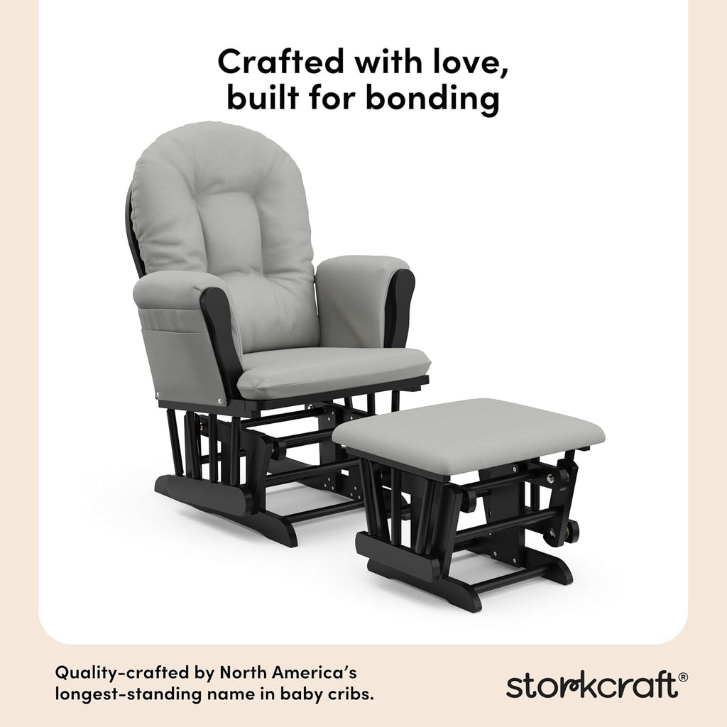 Storkcraft Premium Hoop Glider & Ottoman (Black with Light Gray) — GREENGUARD Gold Certified, Wood Craftsmanship, Convenient Storage Pockets, Smooth-Gliding Chair for Nursery, Multi-Award-Winning