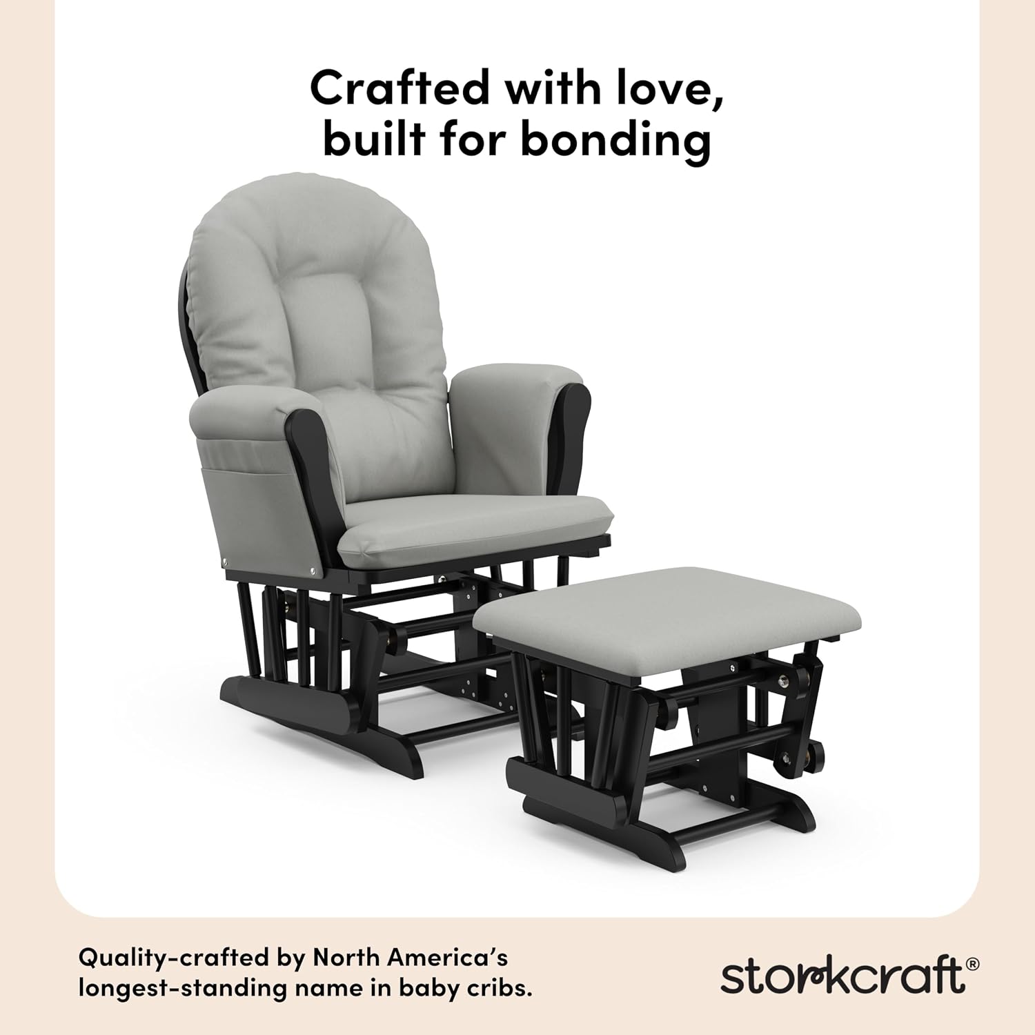 Storkcraft Premium Hoop Glider & Ottoman (Black with Light Gray) — GREENGUARD Gold Certified, Wood Craftsmanship, Convenient Storage Pockets, Smooth-Gliding Chair for Nursery, Multi-Award-Winning