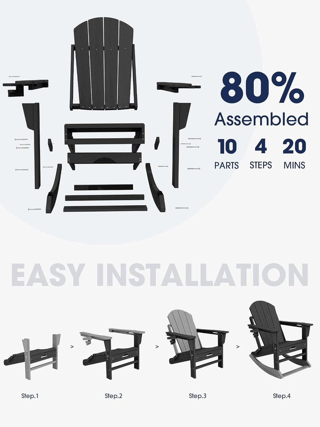 KINGYES Adirondack Rocking Chair Set of 4 with Retractable Ottoman and Cup Holders, HDPE Adirondack Rocker Patio Rocking Chair for Porch, Patio, Balcony, Black