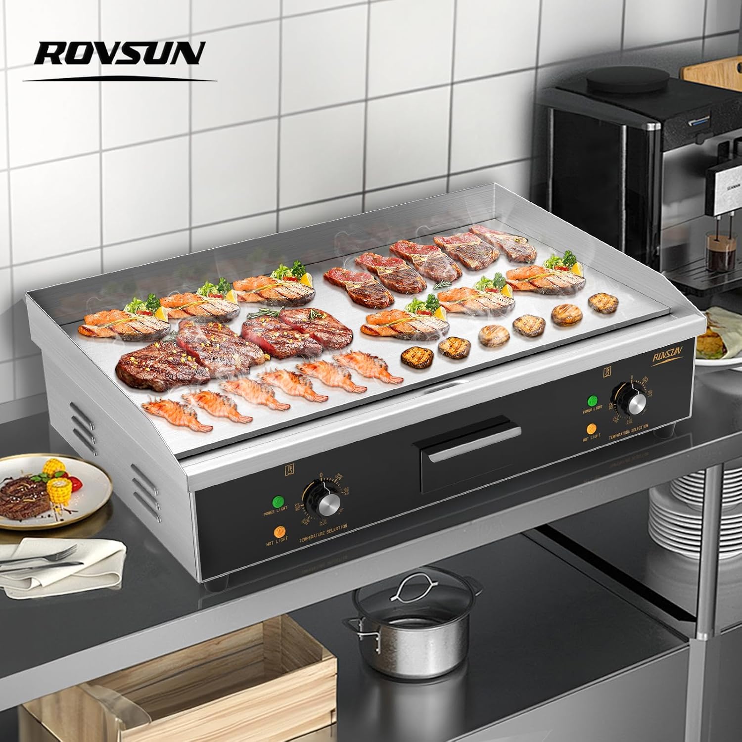 ROVSUN 30' Electric Countertop Flat Top Griddle, 3000W Electric Griddle, Teppanyaki Grill Stainless Steel with Adjustable Temperature Control 122°F-572°F for Commercial Home Restaurant, Plug