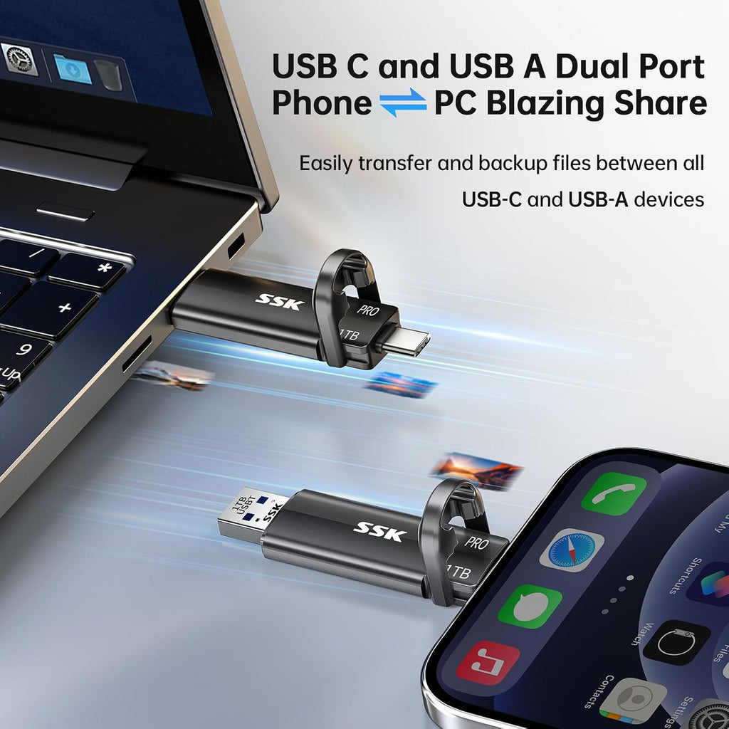 SSK 1TB USB Flash Drive SSD, External TLC NAND Solid State Drive Dual USBC & USBA Ports, Up to 1000MB/s High-Speed Portable 1TB USB Thumb Drive for iPhone 15/16/17 Pro Mac Android PC Backup