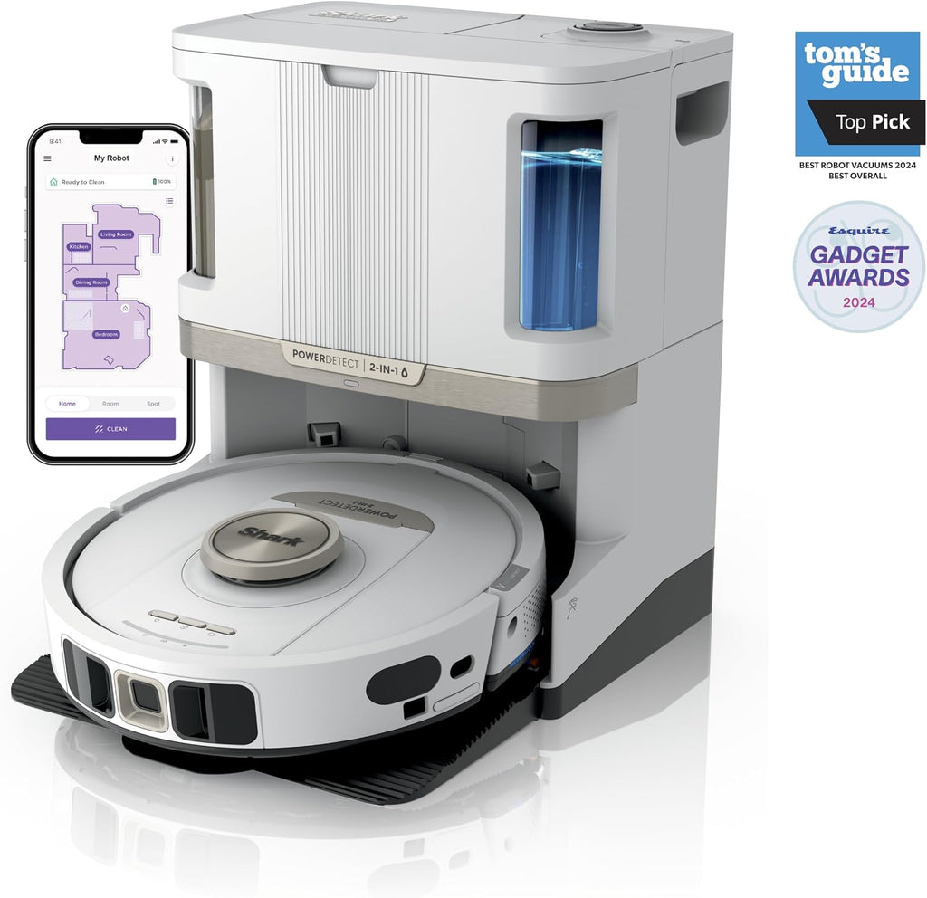Shark PowerDetect | 2-in-1 Robot Vacuum & Mop for Carpets & Hard Floors | Powerful Suction & Mopping for Pet Hair | Self-Empty & Self-Clean NeverTouch Pro Base | 60-Day Capacity | White | AV2800ZE
