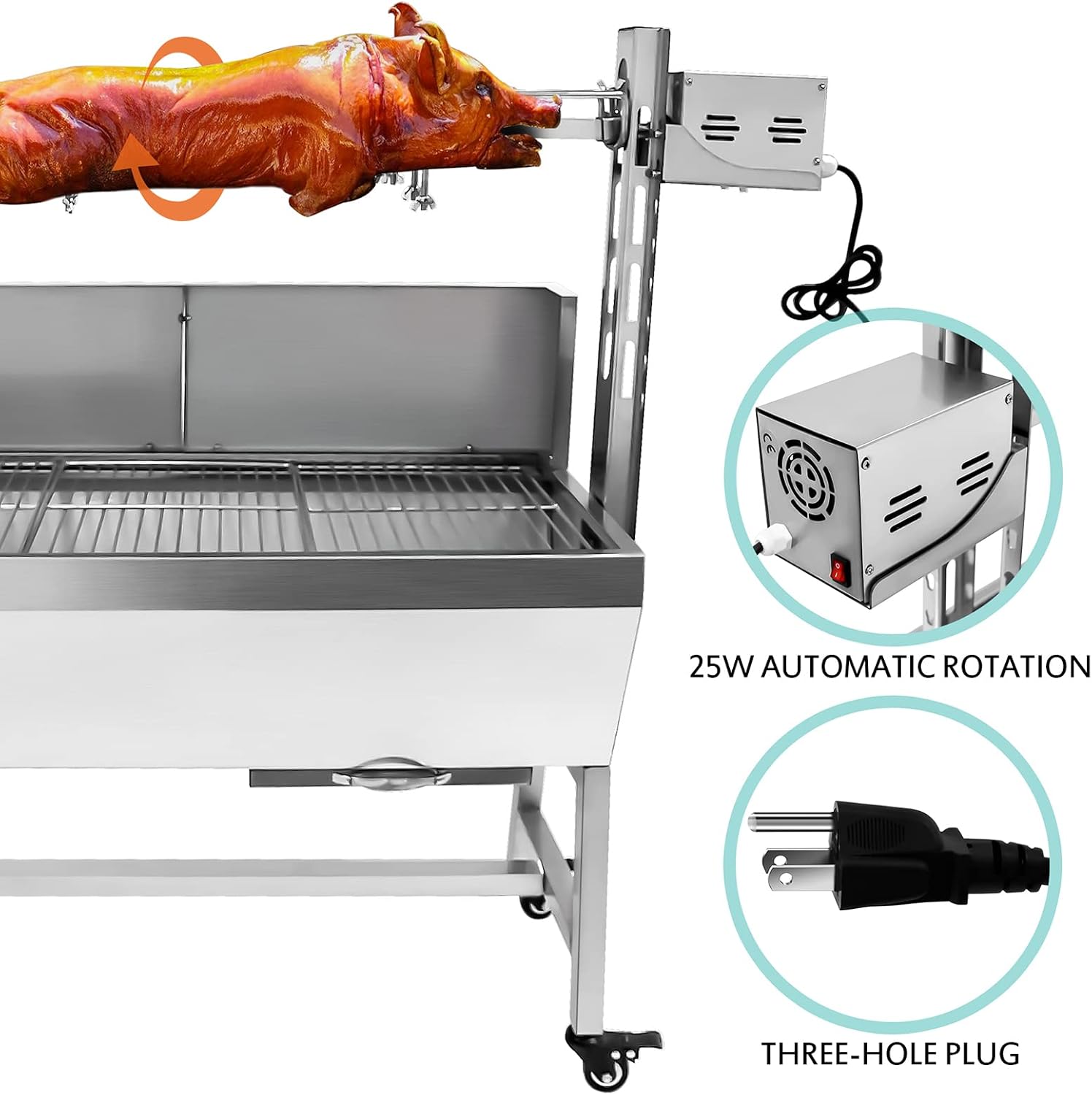 Stainless Steel Rotisserie Grill with Back Cover Guard, 25W Motor Small Pig Lamb Rotisserie Roaster, 37'' 2 in 1 BBQ Charcoal Rotisserie Grill for Camping Outdoor Kitchen