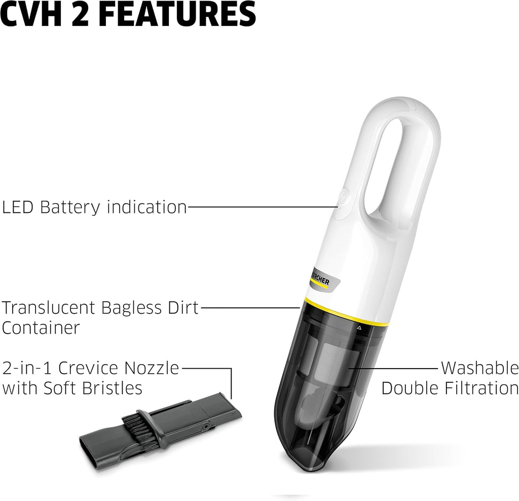Kärcher CVH 2 Handheld Vacuum Cleaner, Double Filtration System incl. a HEPA 12 Filter, 2-in-1 Crevice Nozzle, Cordless, Weighs only 1.4 pounds, USB Charger
