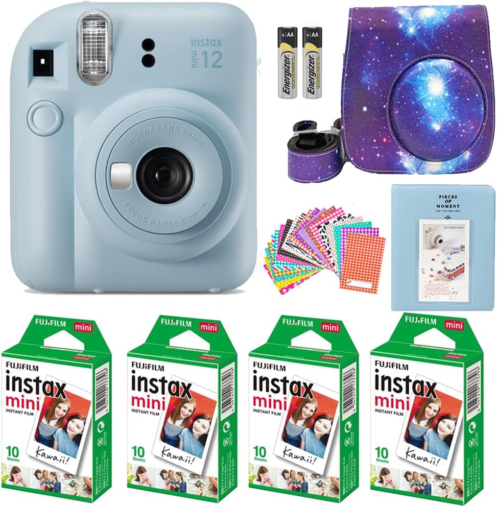 Fujifilm Instax Mini 12 Instant Camera Pastel Blue with Film Value Pack (40 Sheets) + Accessories Including Galaxy Carrying Case Strap, Photo Album, Stickers (Pastel Blue), Compact