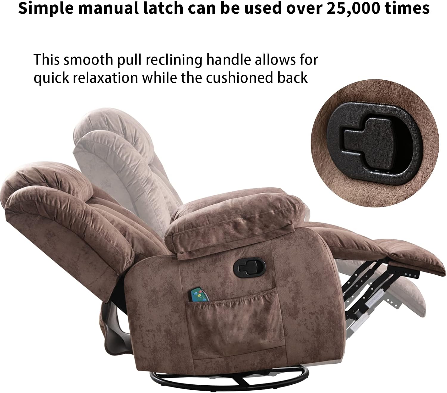 CANMOV Massage Rocker Recliner with Heat and Vibration, 360 Degree Swivel Manual Antiskid Fabric Single Sofa Heavy Duty Reclining Chair for Living Room, Dark Brown