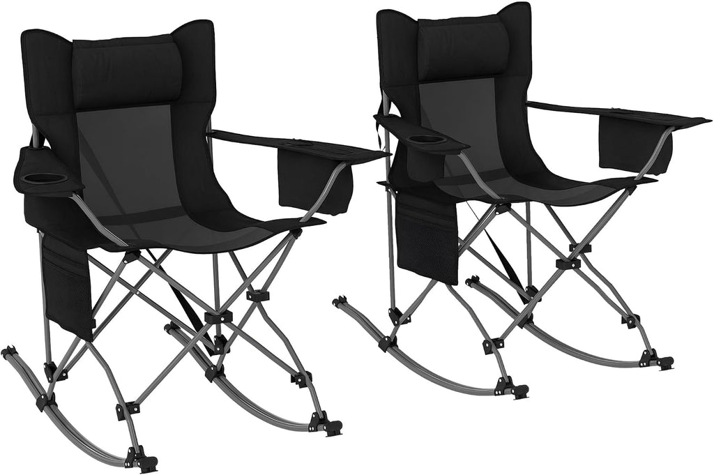 Outsunny Folding Rocking Camping Chairs for Adults, Portable Outdoor Rocking Chairs with Headrest, Cooler Bag, Cup Holder, Carry Bag for Picnic Outside and Outdoor Travel, 2 Pack, Black