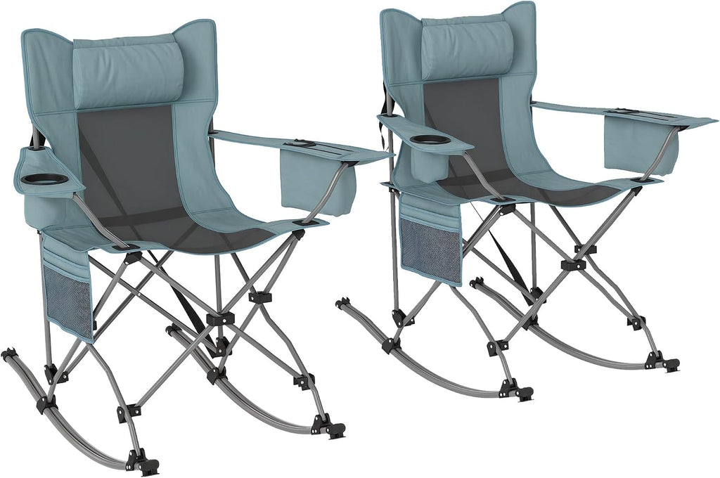 Outsunny Folding Rocking Camping Chairs for Adults, Portable Outdoor Rocking Chairs with Headrest, Cooler Bag, Cup Holder, Carry Bag for Picnic Outside and Outdoor Travel, 2 Pack, Gray