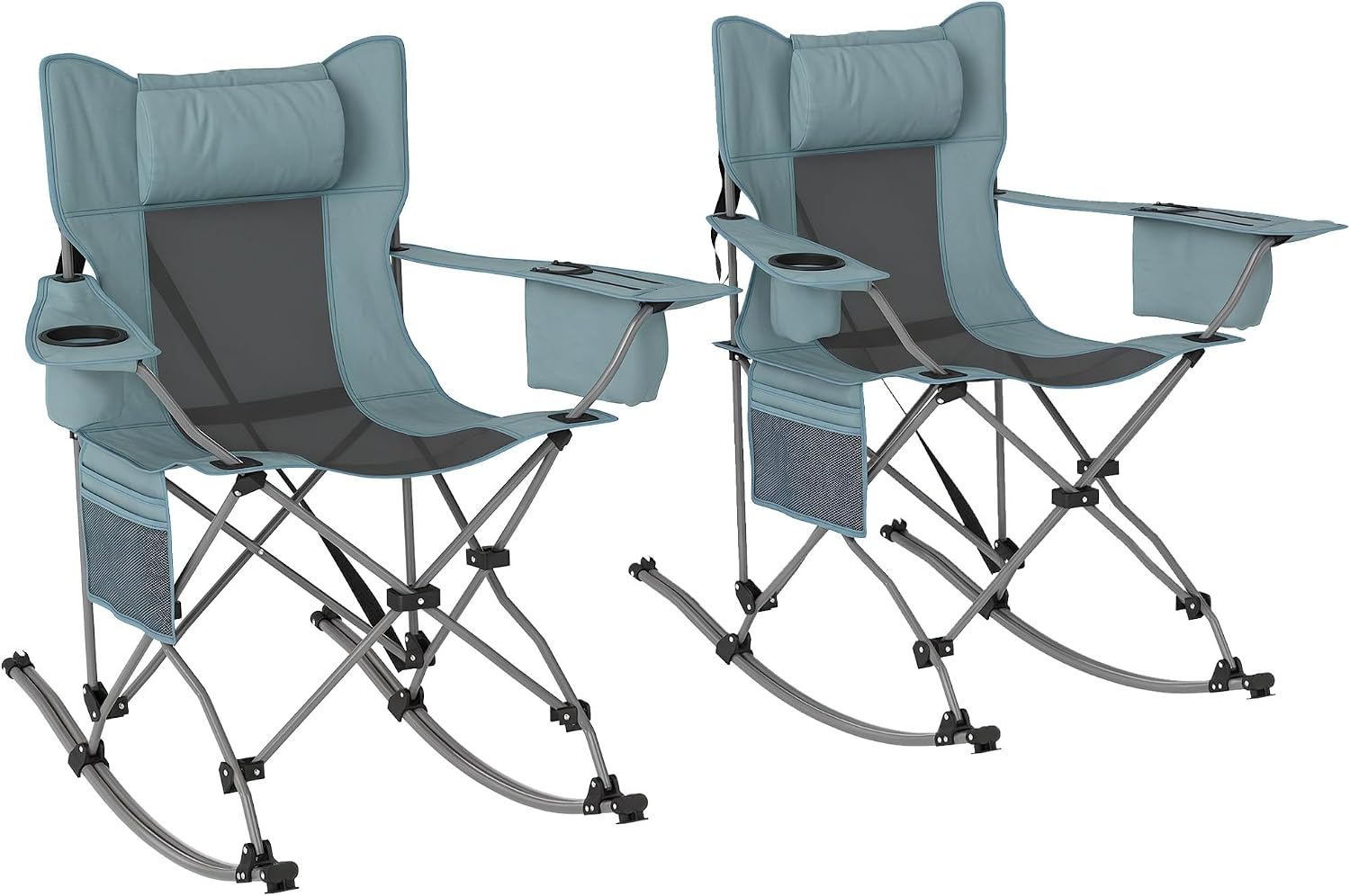 Outsunny Folding Rocking Camping Chairs for Adults, Portable Outdoor Rocking Chairs with Headrest, Cooler Bag, Cup Holder, Carry Bag for Picnic Outside and Outdoor Travel, 2 Pack, Gray