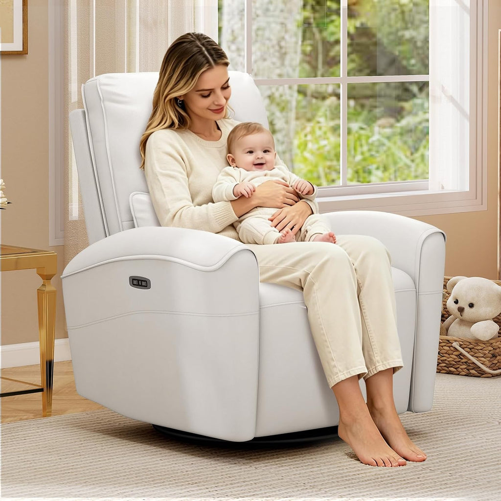 Bonzy Home Power Swivel Rocker Recliner Chair with USB Port, 23.2' Wide Seat, Fixed Lumbar Support, Upholstered Glider Chair for Nursery Living Room, Beige